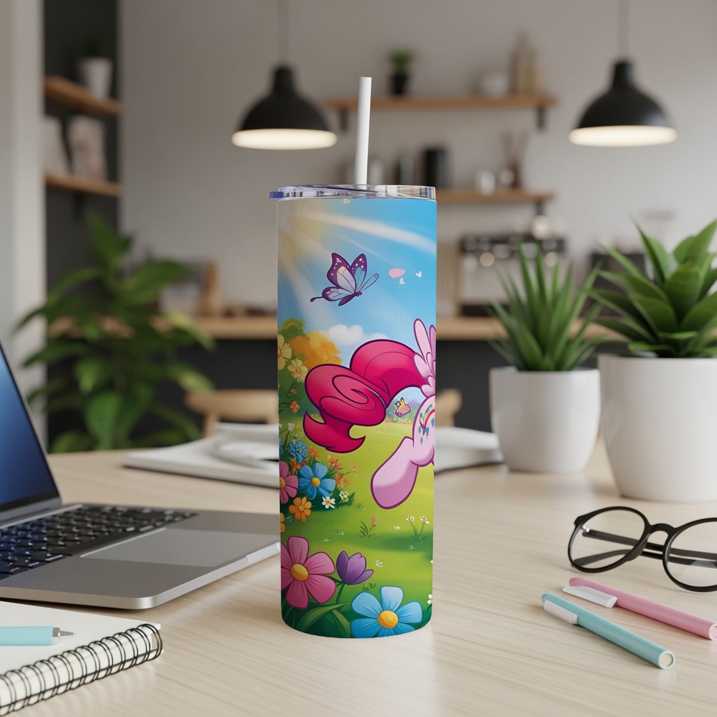 Pinkie Pie from My Little Pony on a floral-themed tumbler with a butterfly.