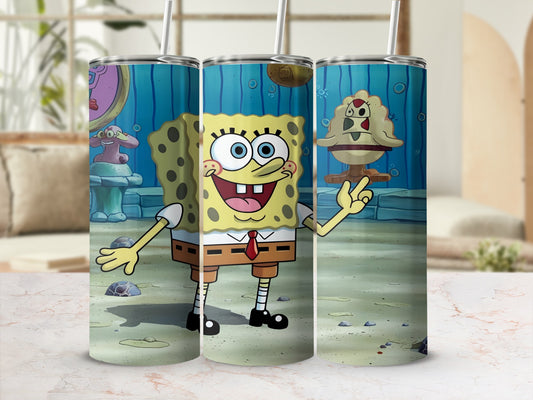 SpongeBob SquarePants holding a Krabby Patty with a smiling expression.