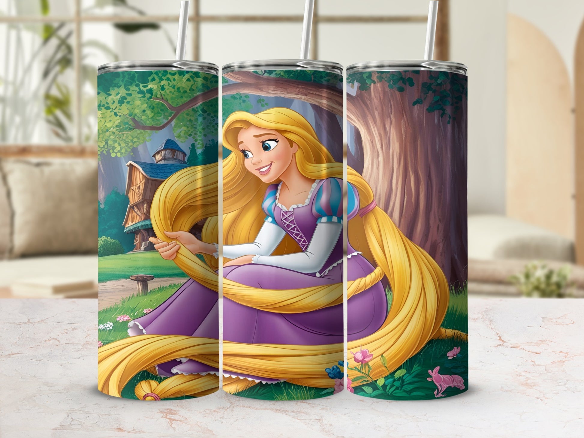 Tangled Rapunzel in purple dress with long blonde hair, sitting in a grassy meadow.