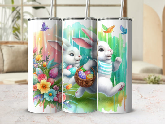 Three white bunnies celebrating Easter with painted eggs and colorful flowers.