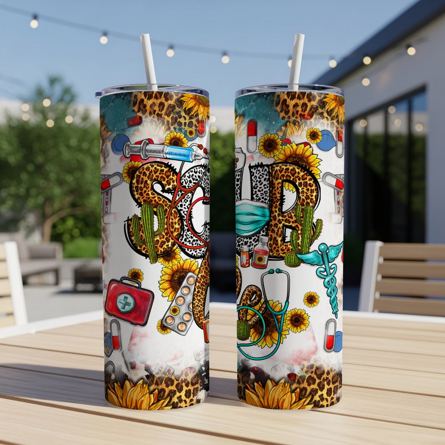 Two tumblers with "RN" design featuring medical icons and sunflowers.