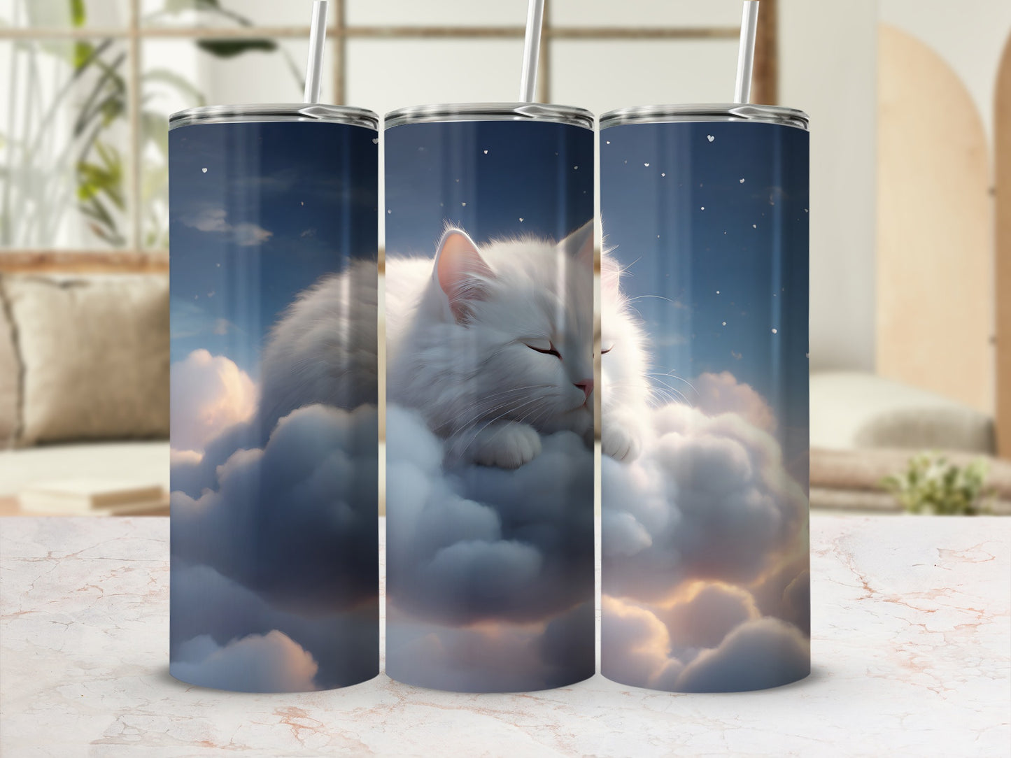 White fluffy cat sleeping on clouds, starry night sky on a tumbler.