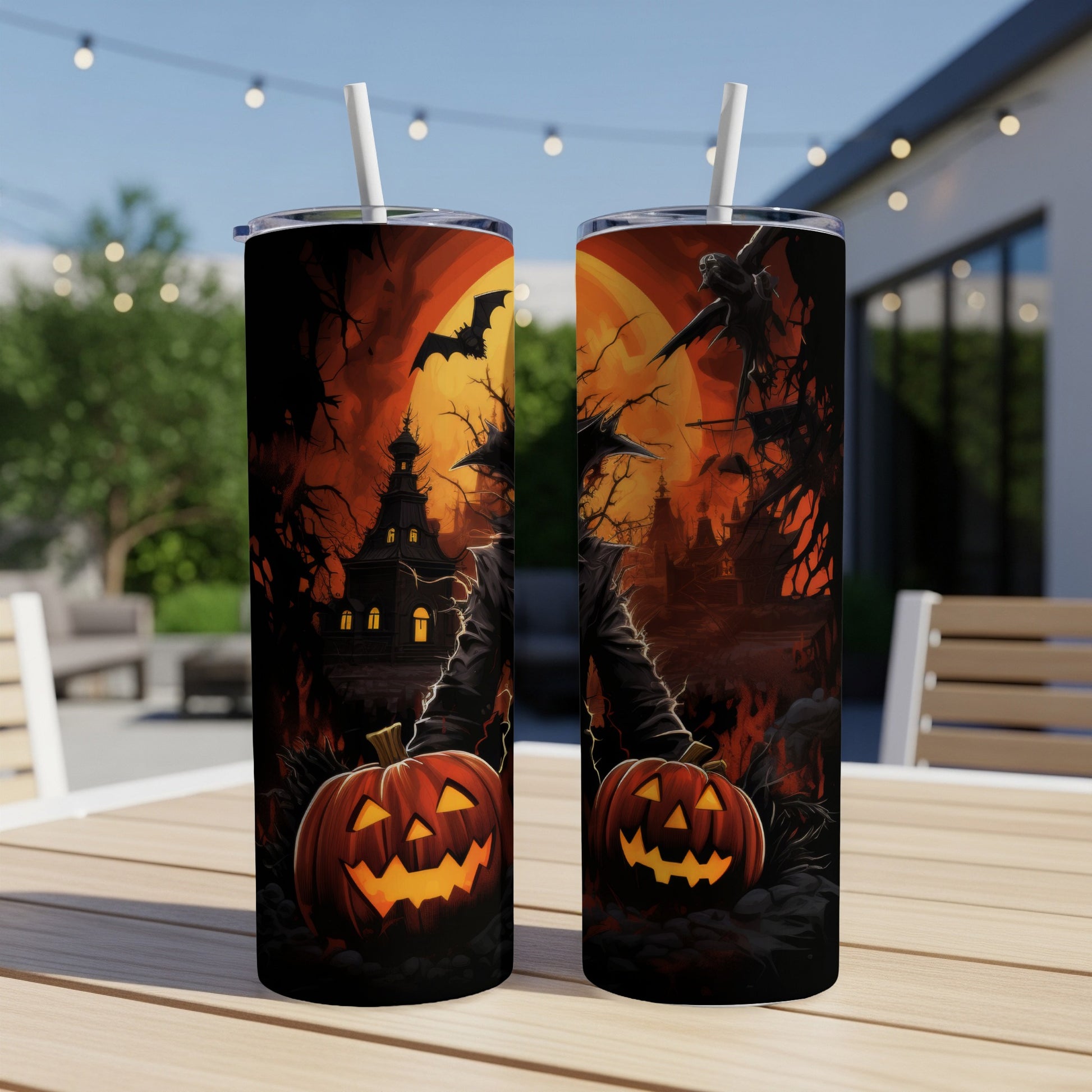 Two tumblers with Halloween scene featuring jack-o'-lanterns, spooky castle, and bats.