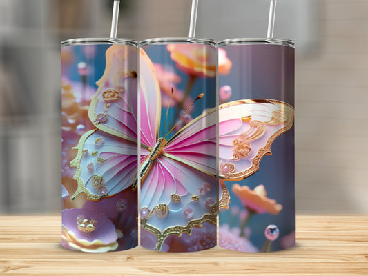 Pink butterfly with ornate gold details on a floral background.