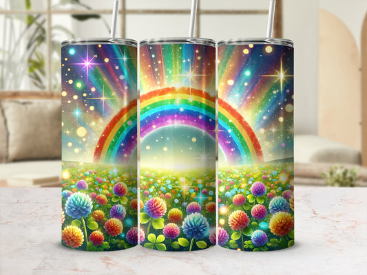 Tumbler with rainbow, stars, and colorful flowers design.