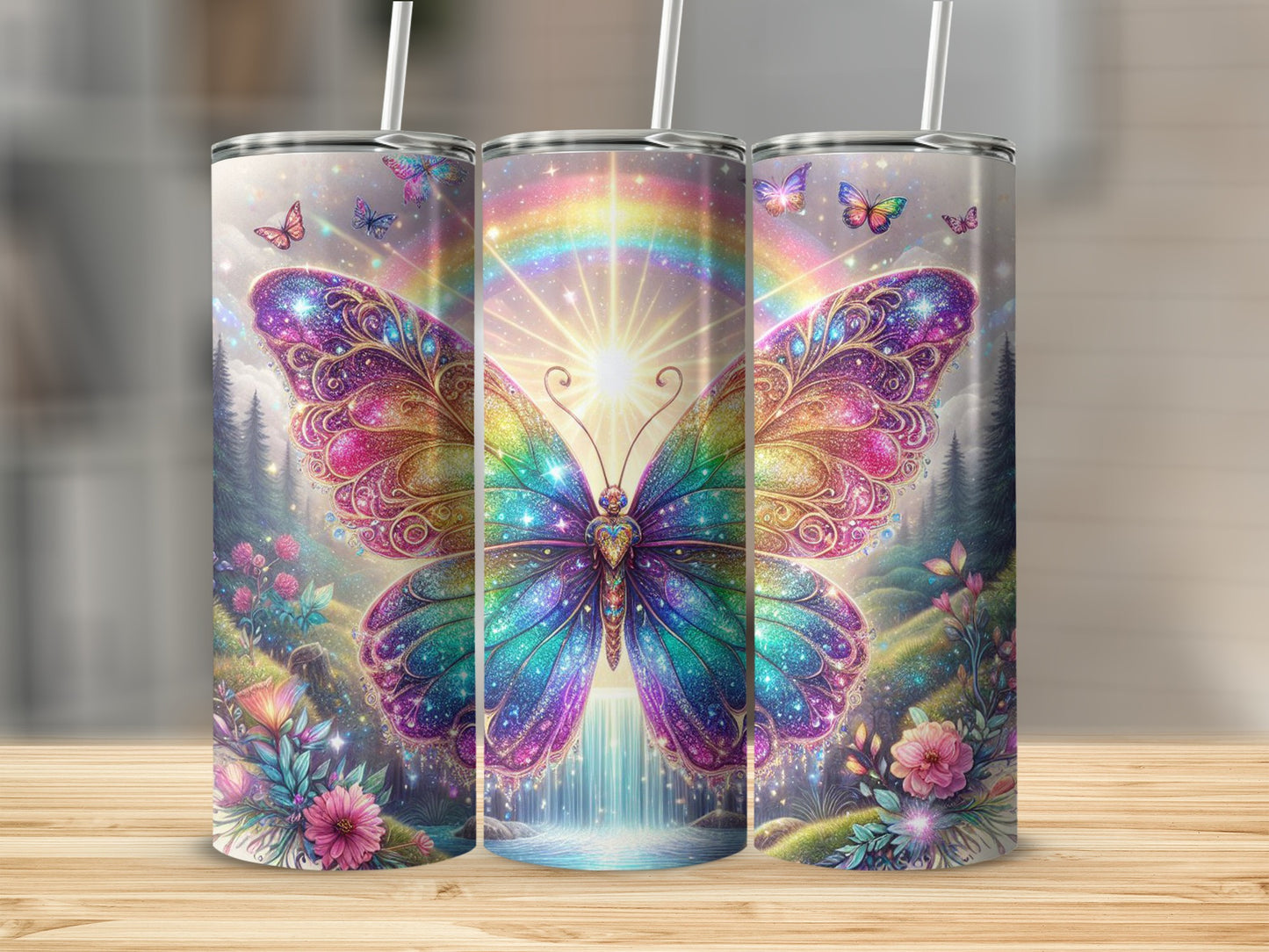 Iridescent Butterfly Rainbow Forest Magical Sparkle Tumbler product type