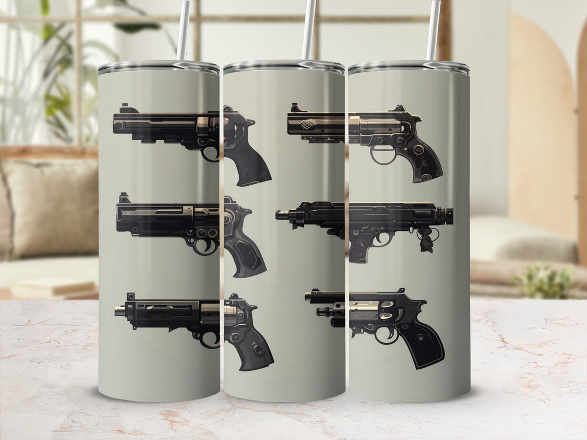 Tumblers with a repeating pattern of stylized black handguns.