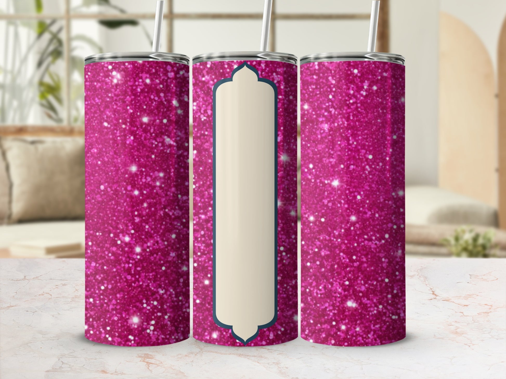 Pink glitter tumbler with cream label and navy border.