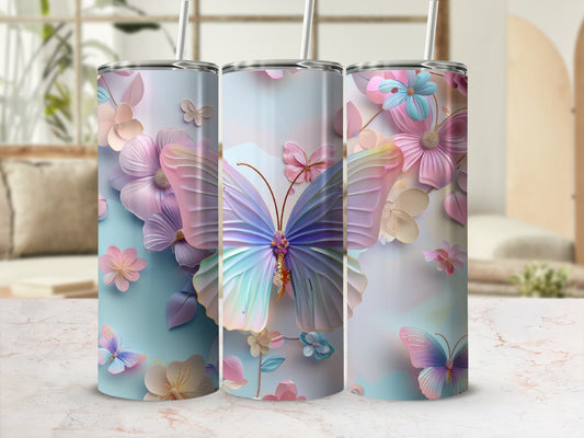 Three tall tumblers with pastel butterfly and floral designs.