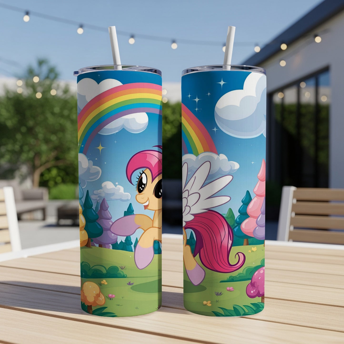 Pink unicorn with wings on a tumbler with a rainbow and clouds.