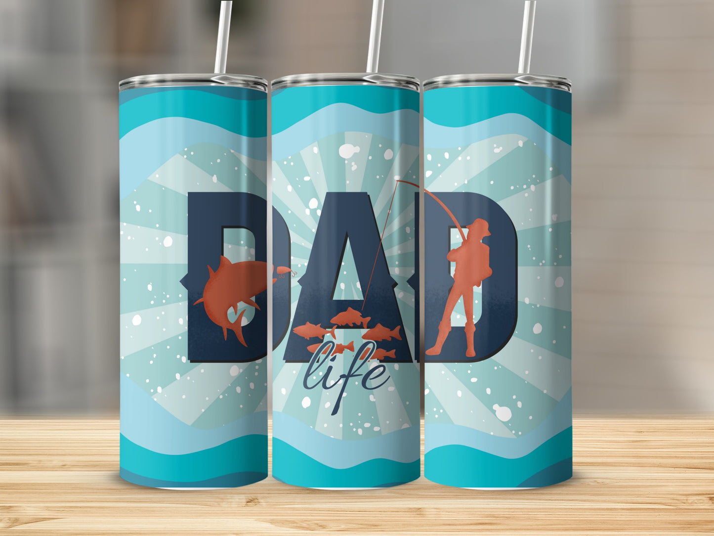 Tumbler with "DAD life" and fishing imagery, including a large fish and angler.