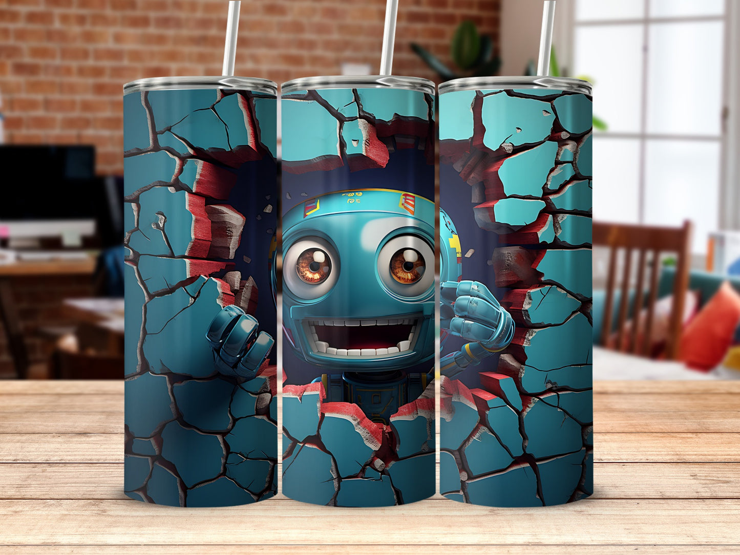 Blue Robot Breaking Through Wall Design Tumbler