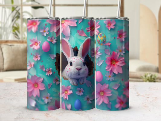 Easter bunny peeking from floral hole on teal background, Easter eggs.