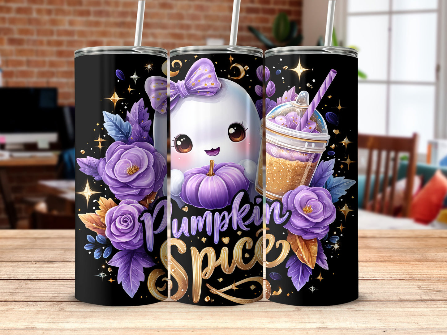 Pumpkin Spice Ghost and Floral Tumbler Design