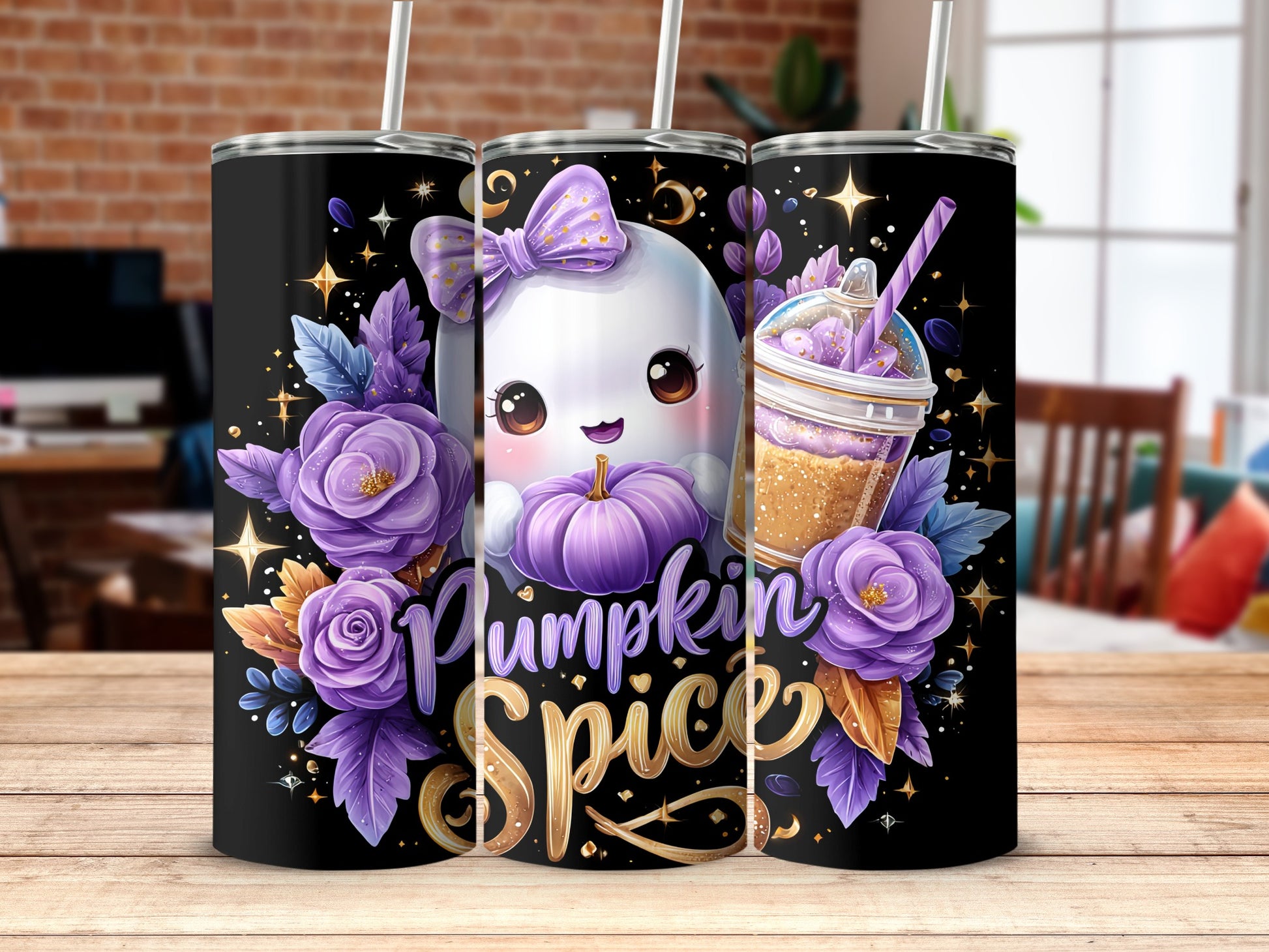 Pumpkin Spice Ghost and Floral Tumbler Design