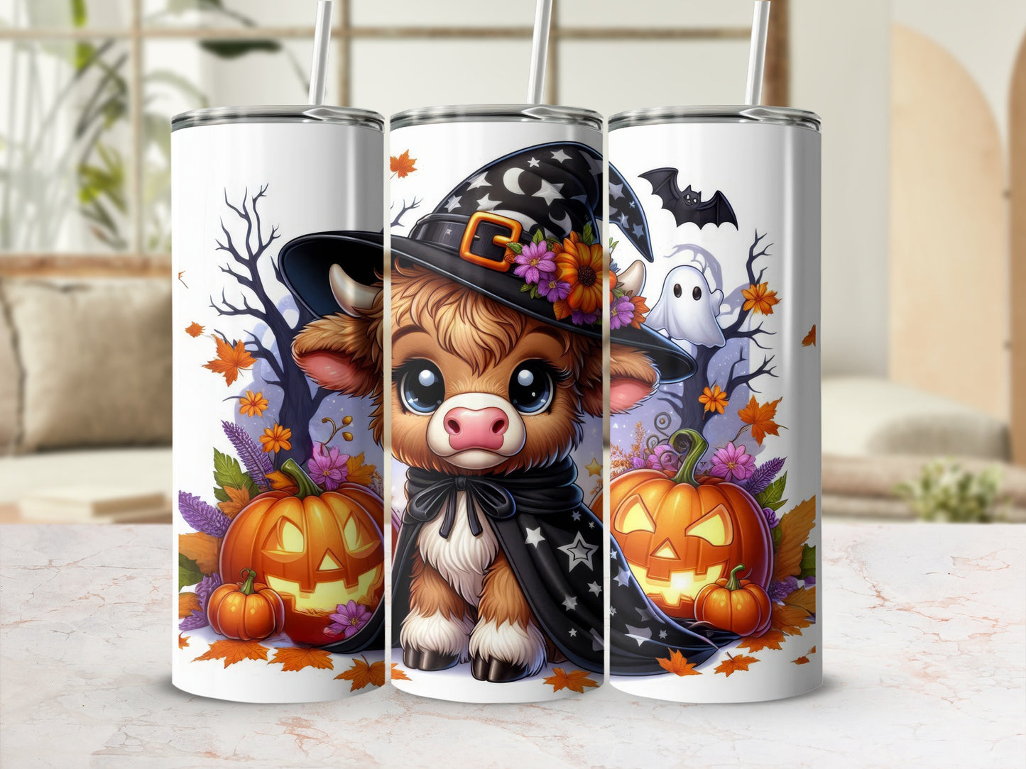 Cute cow in witch hat with pumpkins and ghost on tumblers.