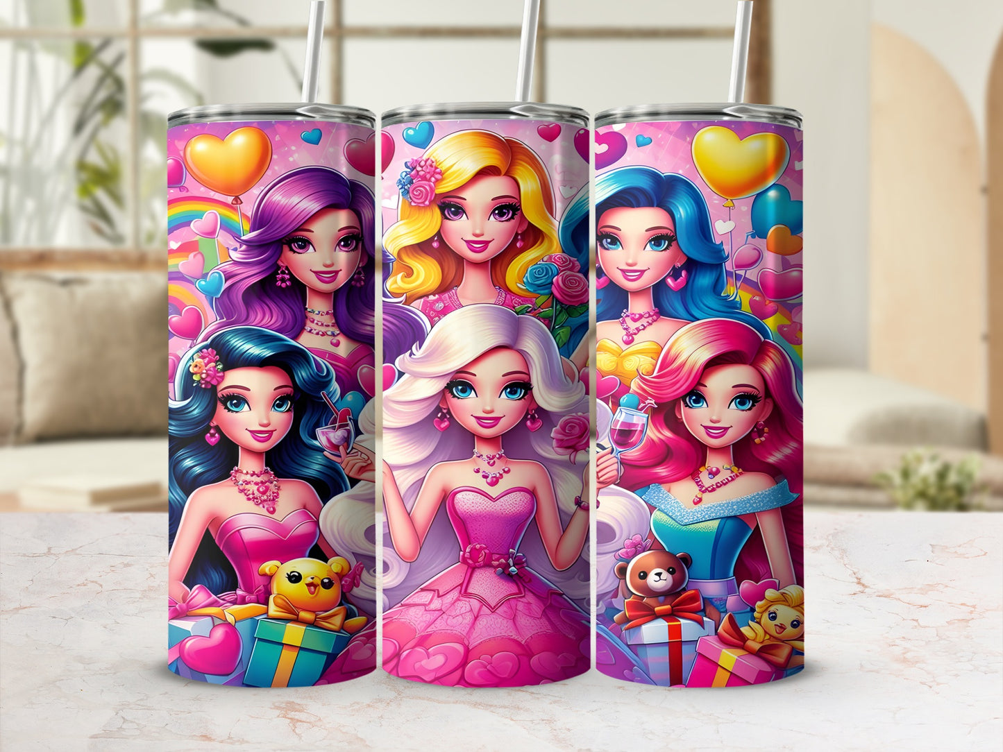 Three Barbie dolls in pink dresses with presents and balloons.