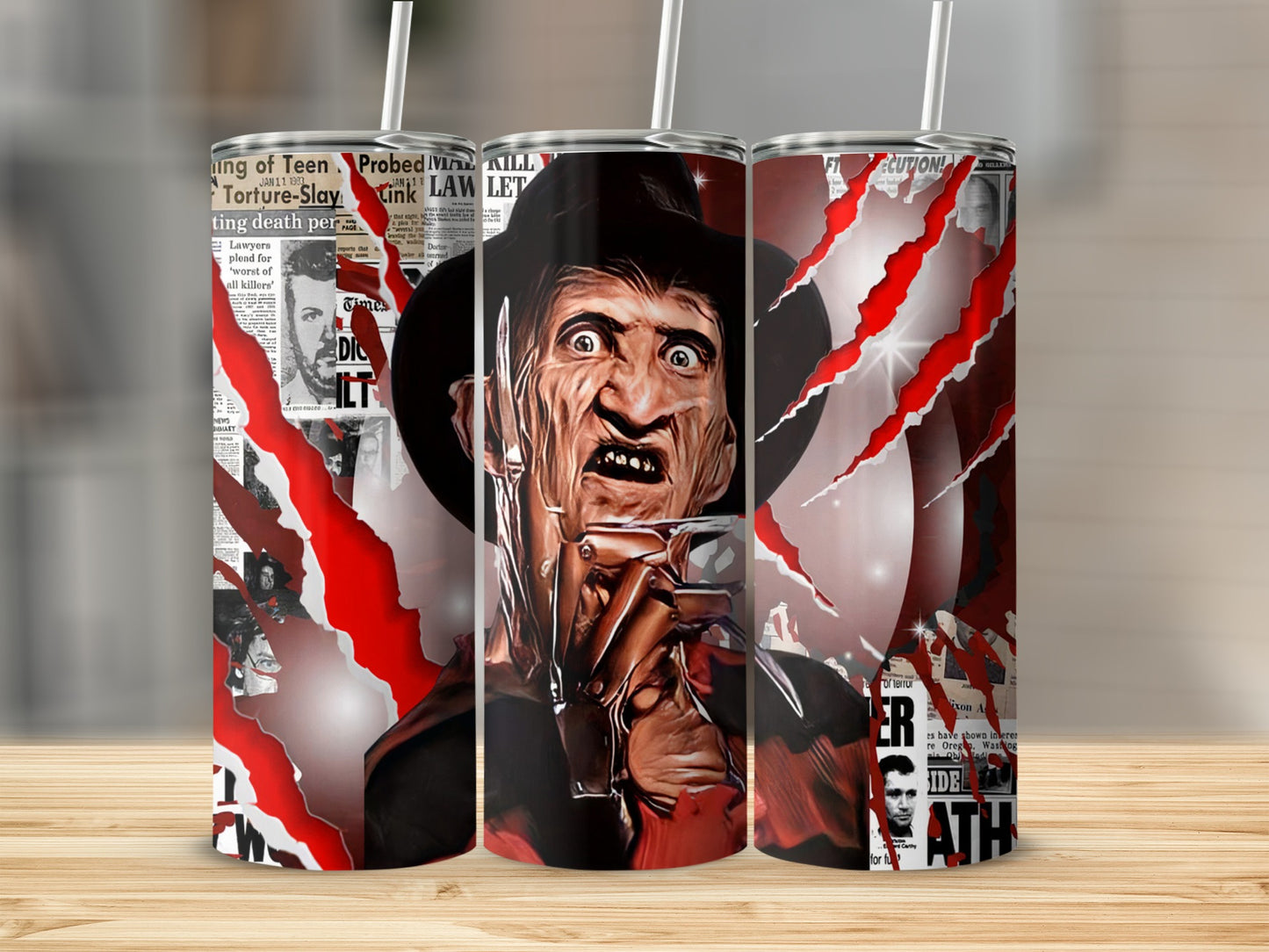 Three tumblers featuring Freddy Krueger, ripped newspaper headlines, and claw marks.