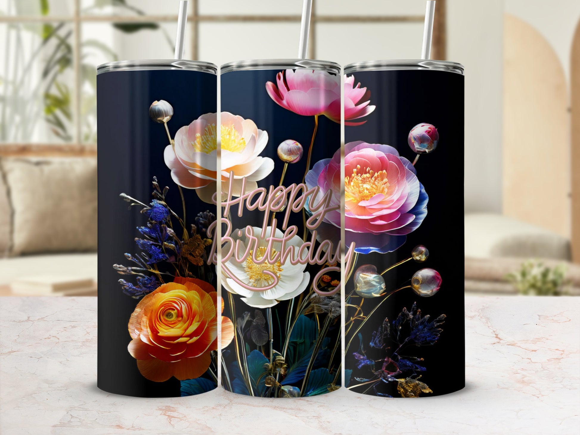 Floral Happy Birthday tumbler with straw.