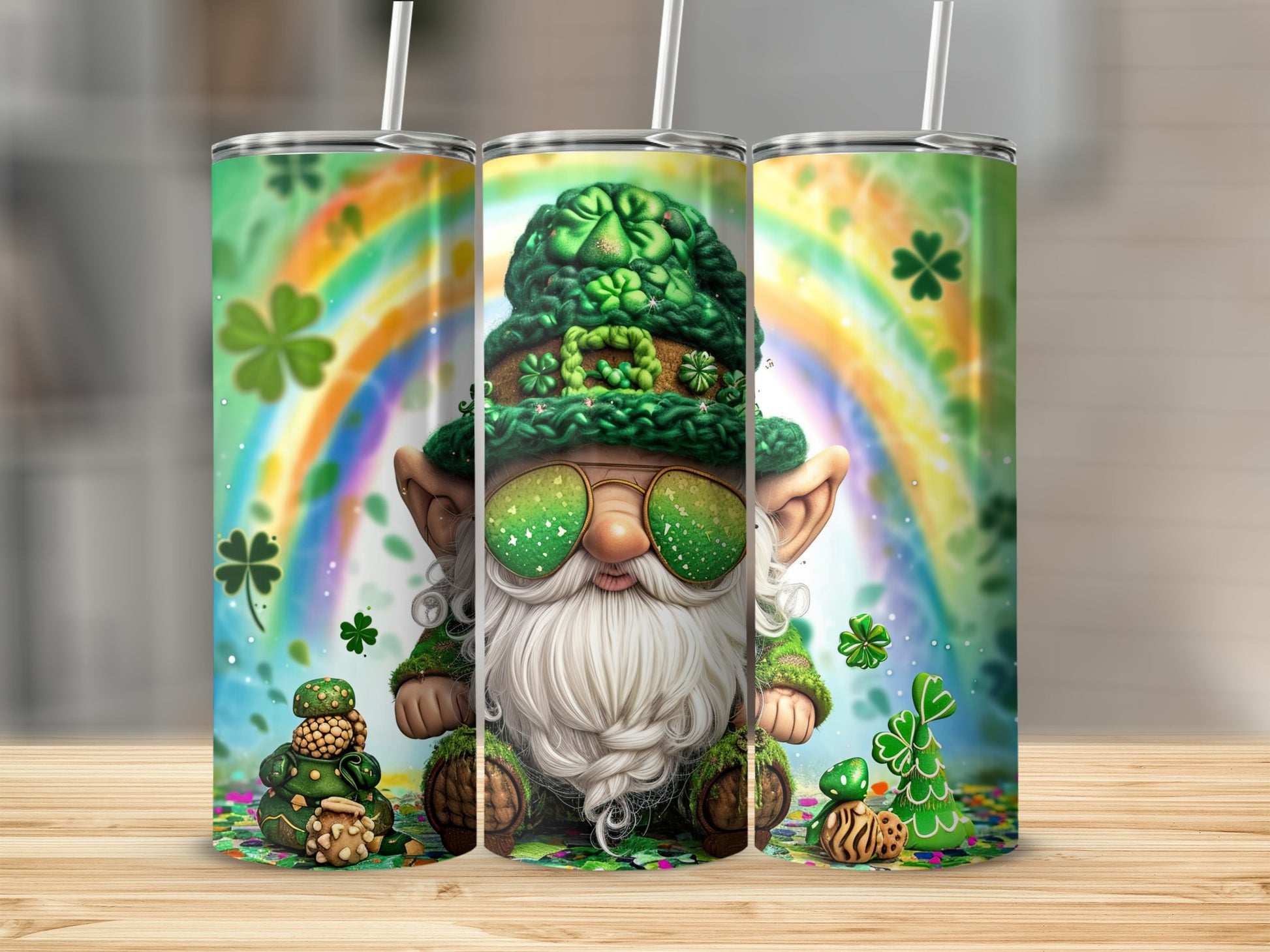 St. Patrick's Day gnome with sunglasses and shamrocks on a rainbow background.
