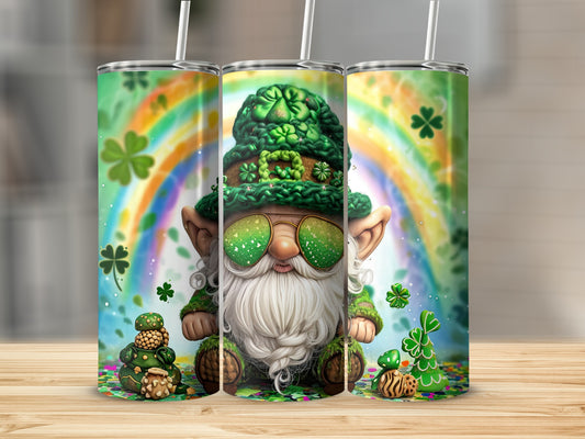 St. Patrick's Day gnome with sunglasses and shamrocks on a rainbow background.