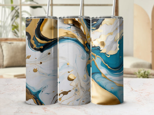Three tumblers with abstract gold and teal marbled designs and straws.
