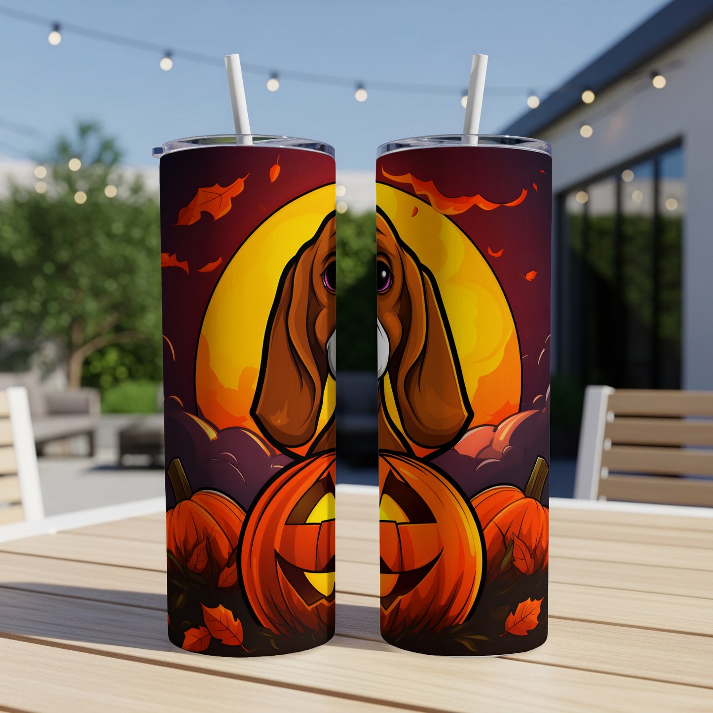 Halloween tumbler with Basset Hound face, pumpkins, and falling leaves.