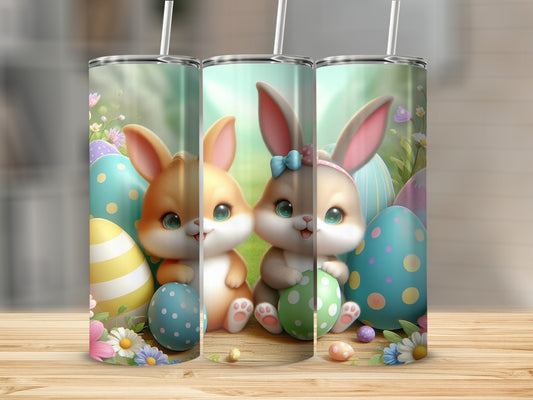 Two cute Easter bunnies with colorful eggs and flowers.