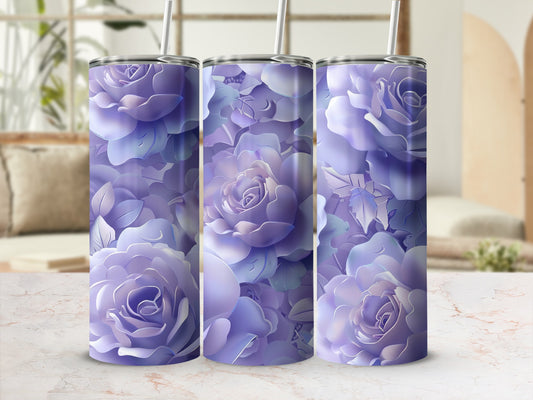 Three lavender floral tumblers with reusable straws on a marbled surface.