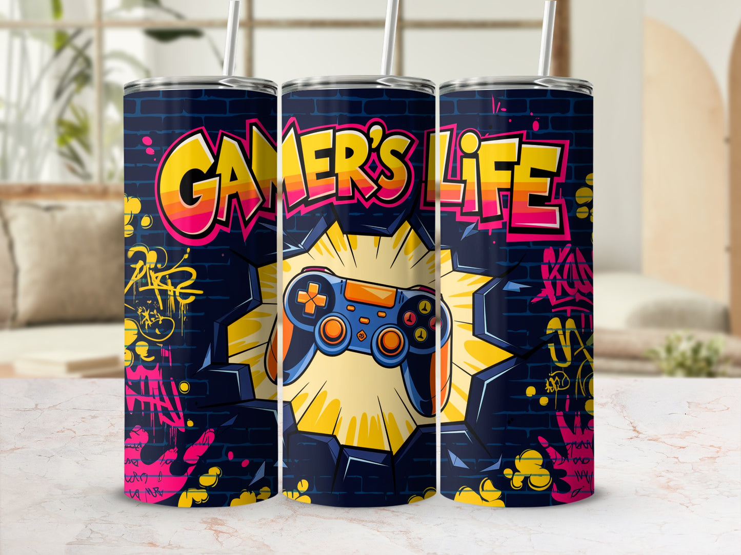 "Gamer's Life" tumbler with video game controller and graffiti design.