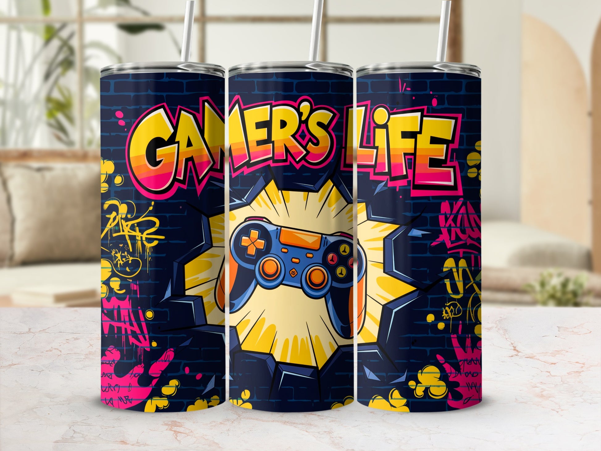 "Gamer's Life" tumbler with video game controller and graffiti design.