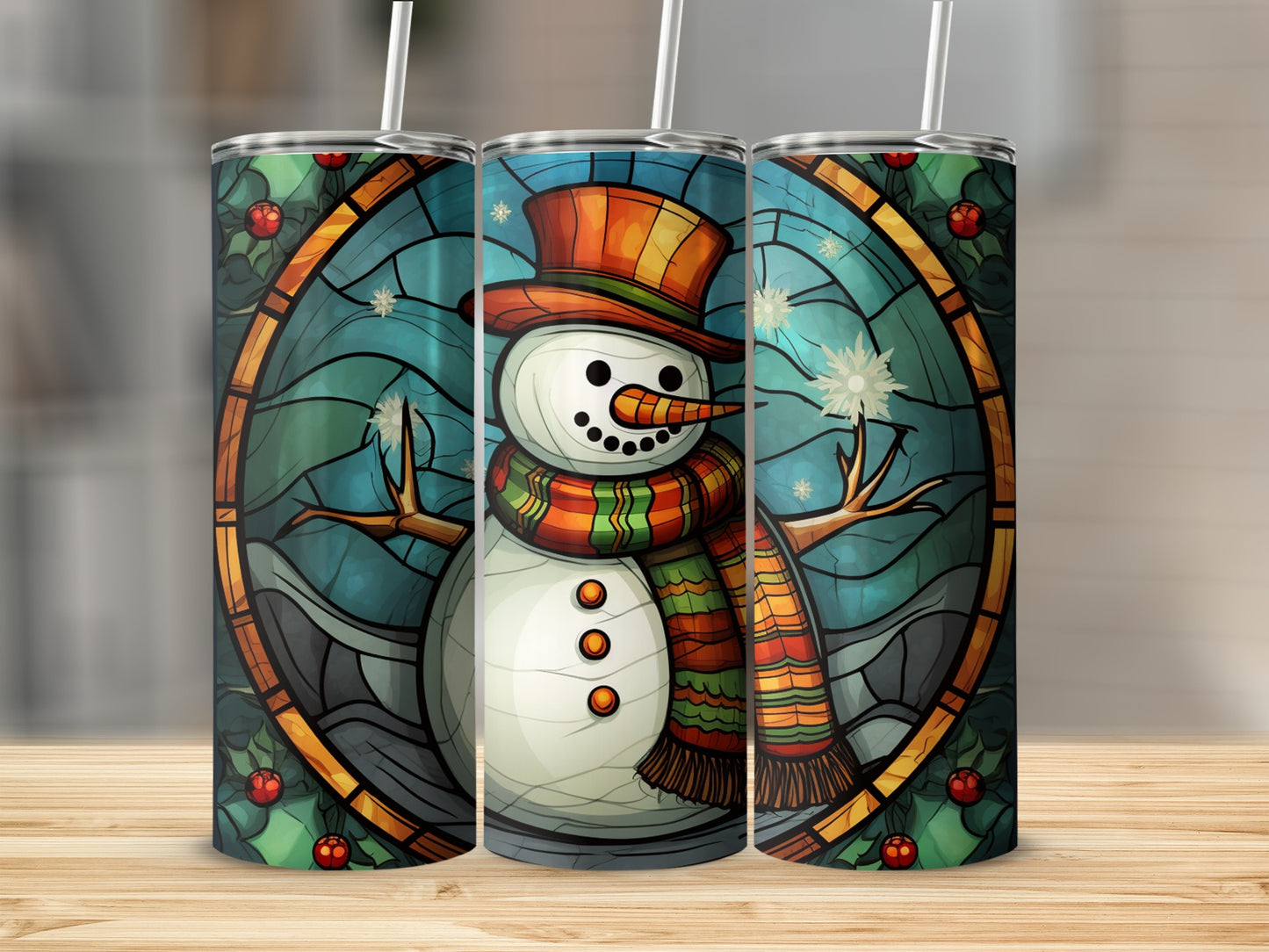 Stained glass snowman tumbler with orange hat and striped scarf.