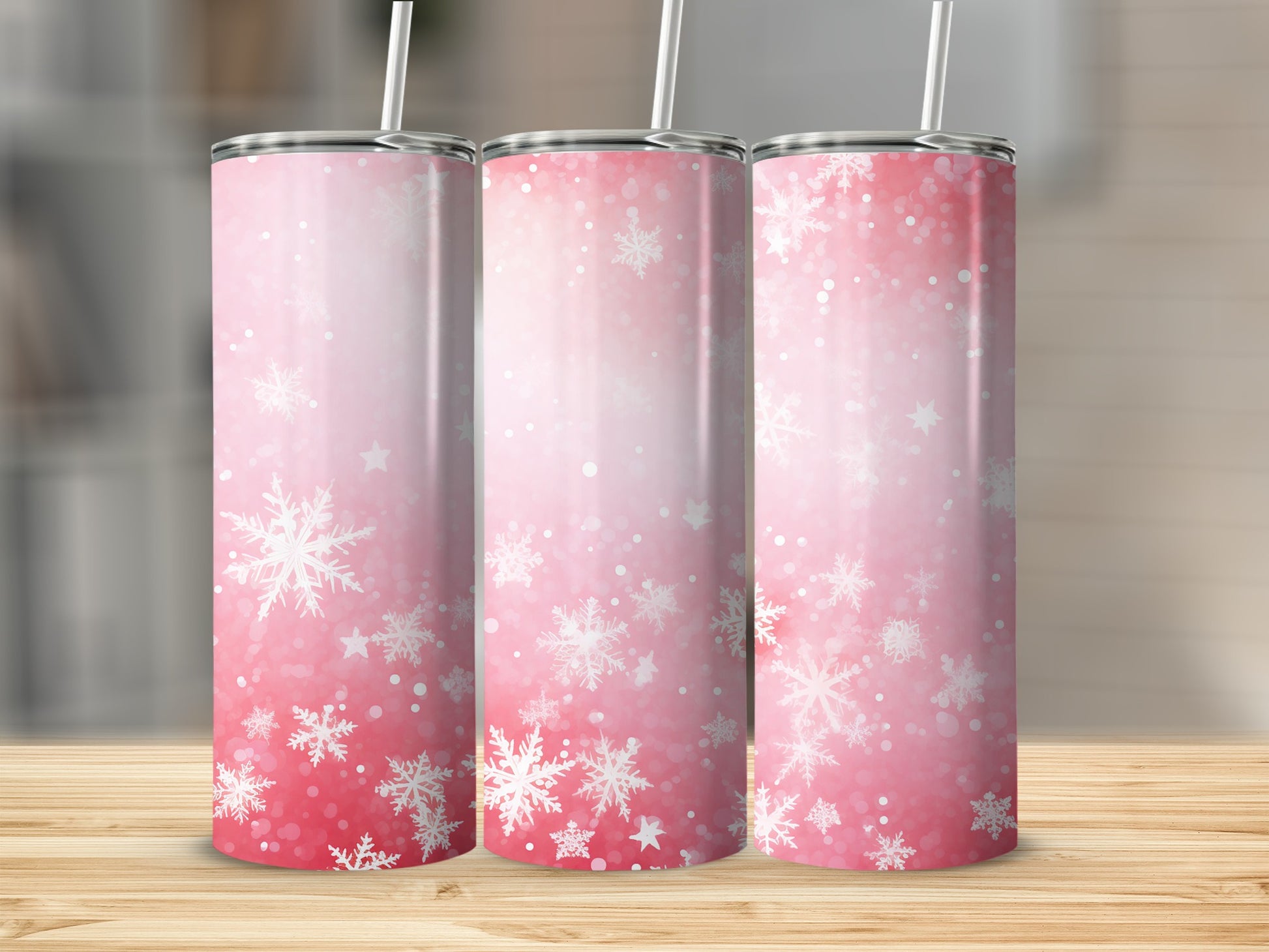 Pink Ombre Snowflake Design Insulated Tumbler Cup