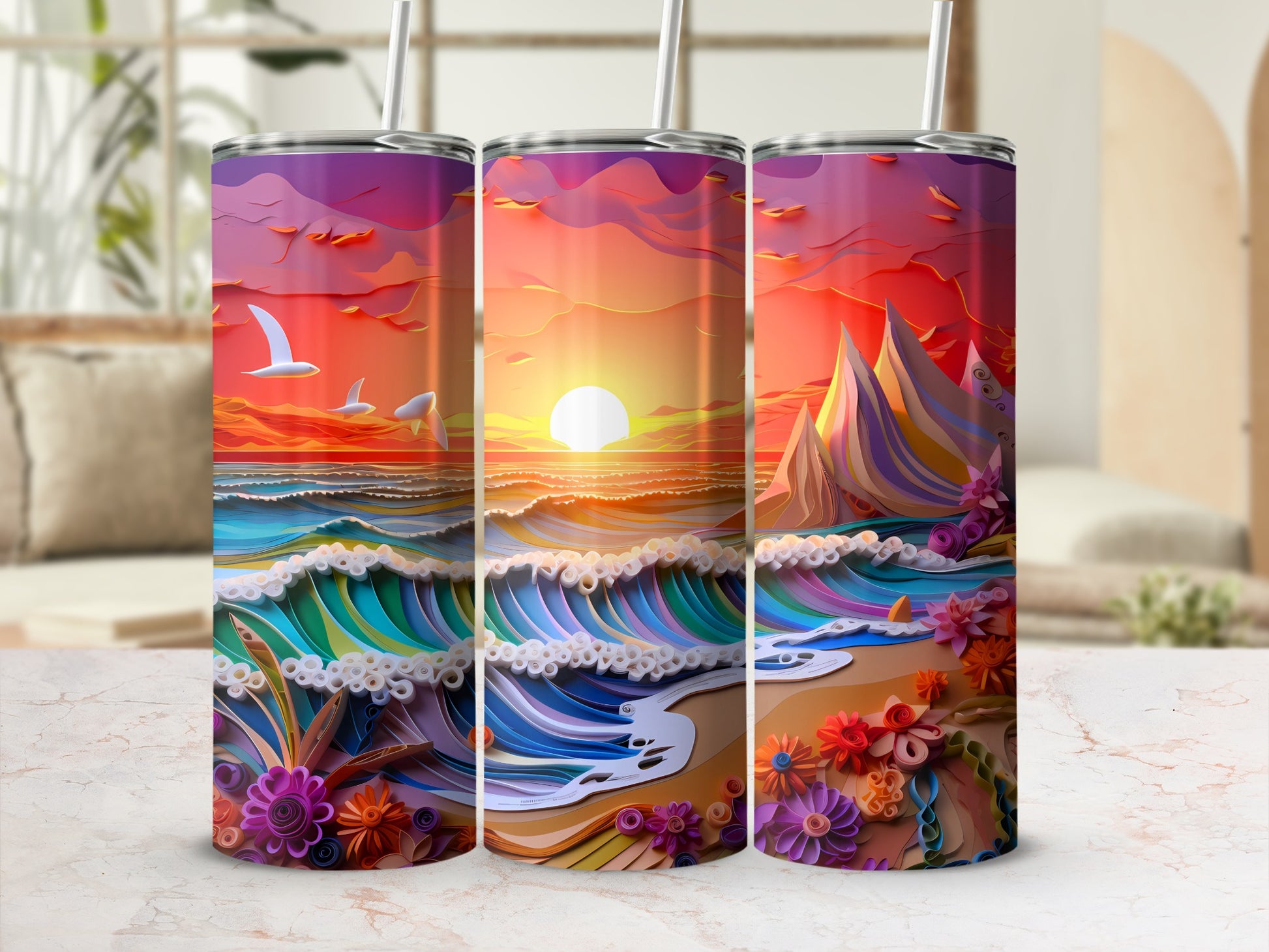 Vibrant Sunset Beach Ocean Waves Birds Quilling Art product type
Sunset, Beach, Ocean, Waves, Birds, Flowers, Quilling Art, Vibrant, Colorful, Tropical, Seascape, Summer, Travel, Nature Design, Artistic, Scenic View, Paper Craft, Unique Style, Tumbler Design, Beautiful Scenery
