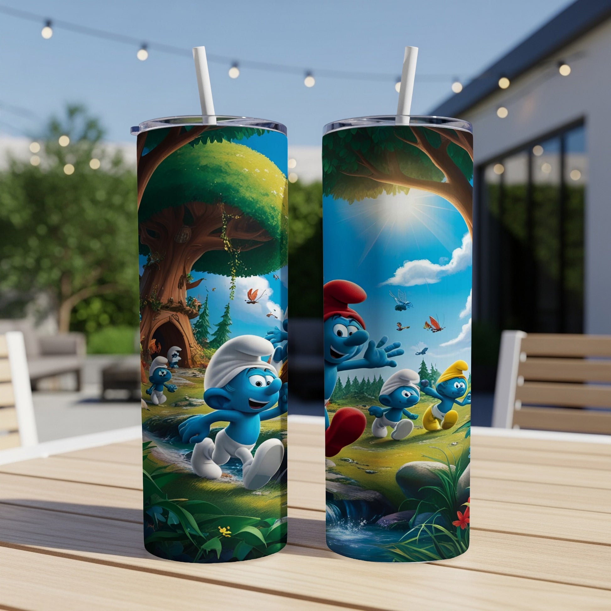 Smurfs running through a forest scene on two white skinny tumblers.