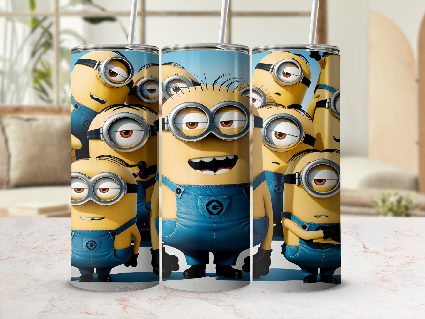 Minions in blue overalls with straws on a tumbler.