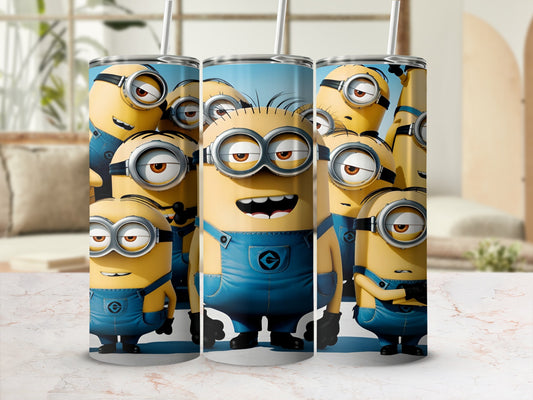 Minions in blue overalls with straws on a tumbler.