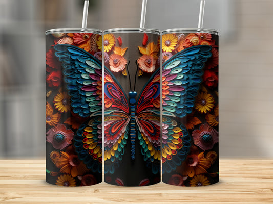 Three tumblers featuring a colorful, detailed butterfly and floral pattern.