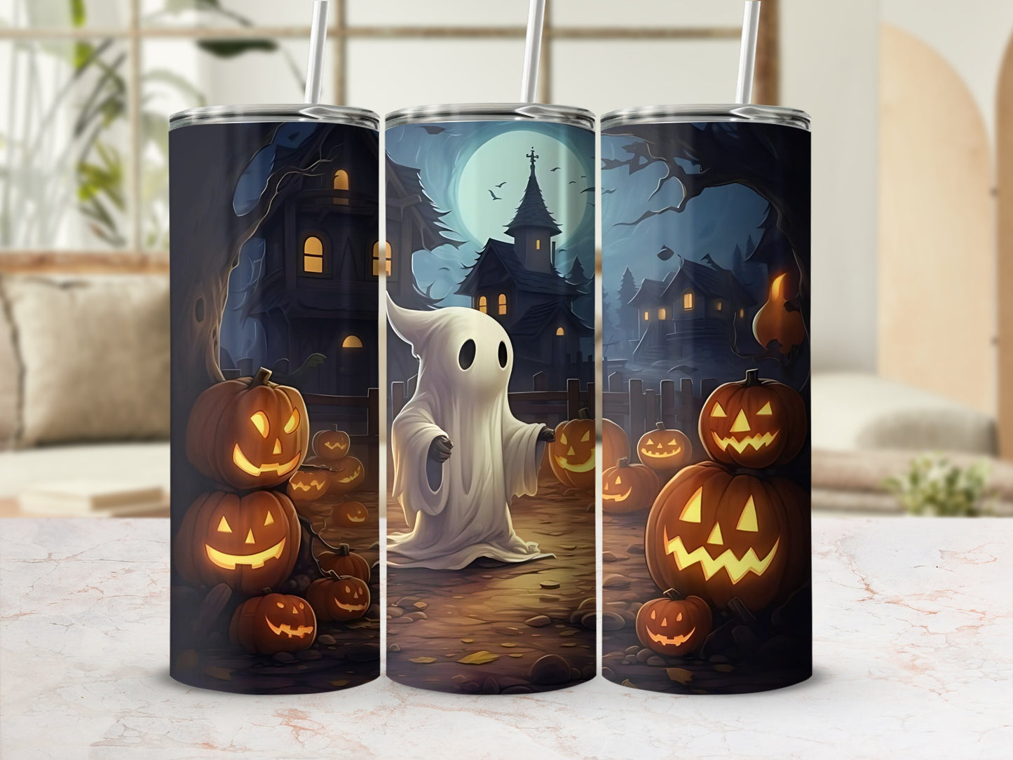 Halloween tumblers with ghost and jack-o'-lanterns under a moonlit sky.