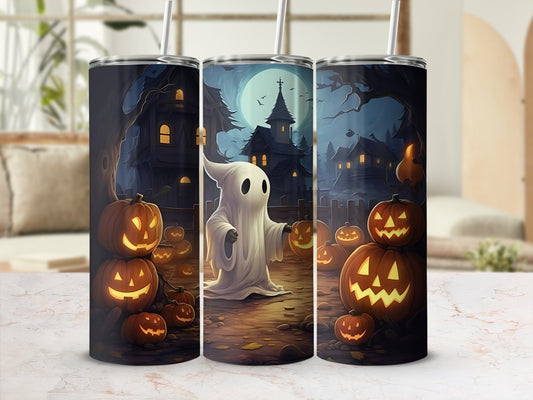 Halloween tumblers with ghost and jack-o'-lanterns under a moonlit sky.