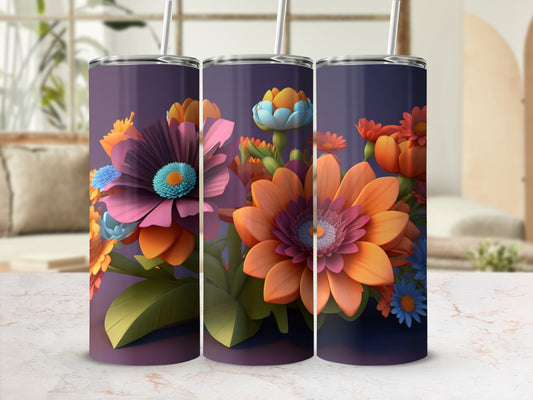 Purple tumbler with colorful floral pattern, featuring orange and blue flowers.
