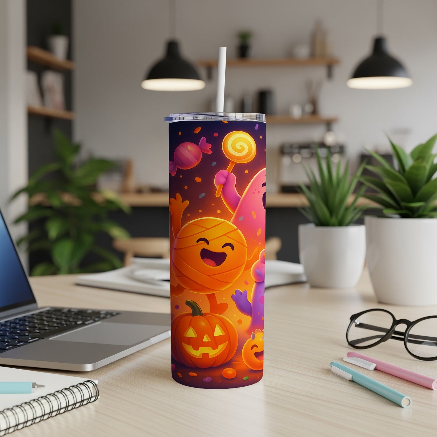 Halloween tumbler with cartoon mummy, pumpkin, and candy characters.