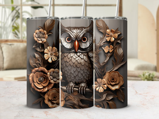 Triptych of insulated tumblers featuring a stylized owl and floral pattern.