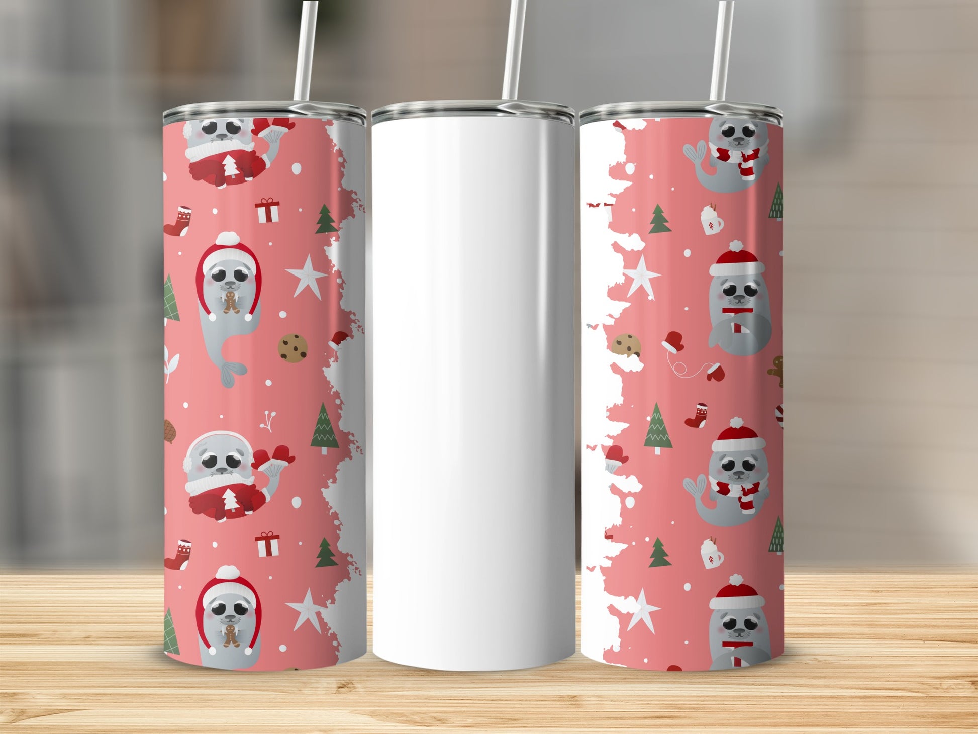 Cute Christmas Seals Pink Tumbler Flask Cup