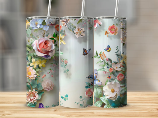 Three tumblers with floral and butterfly designs.