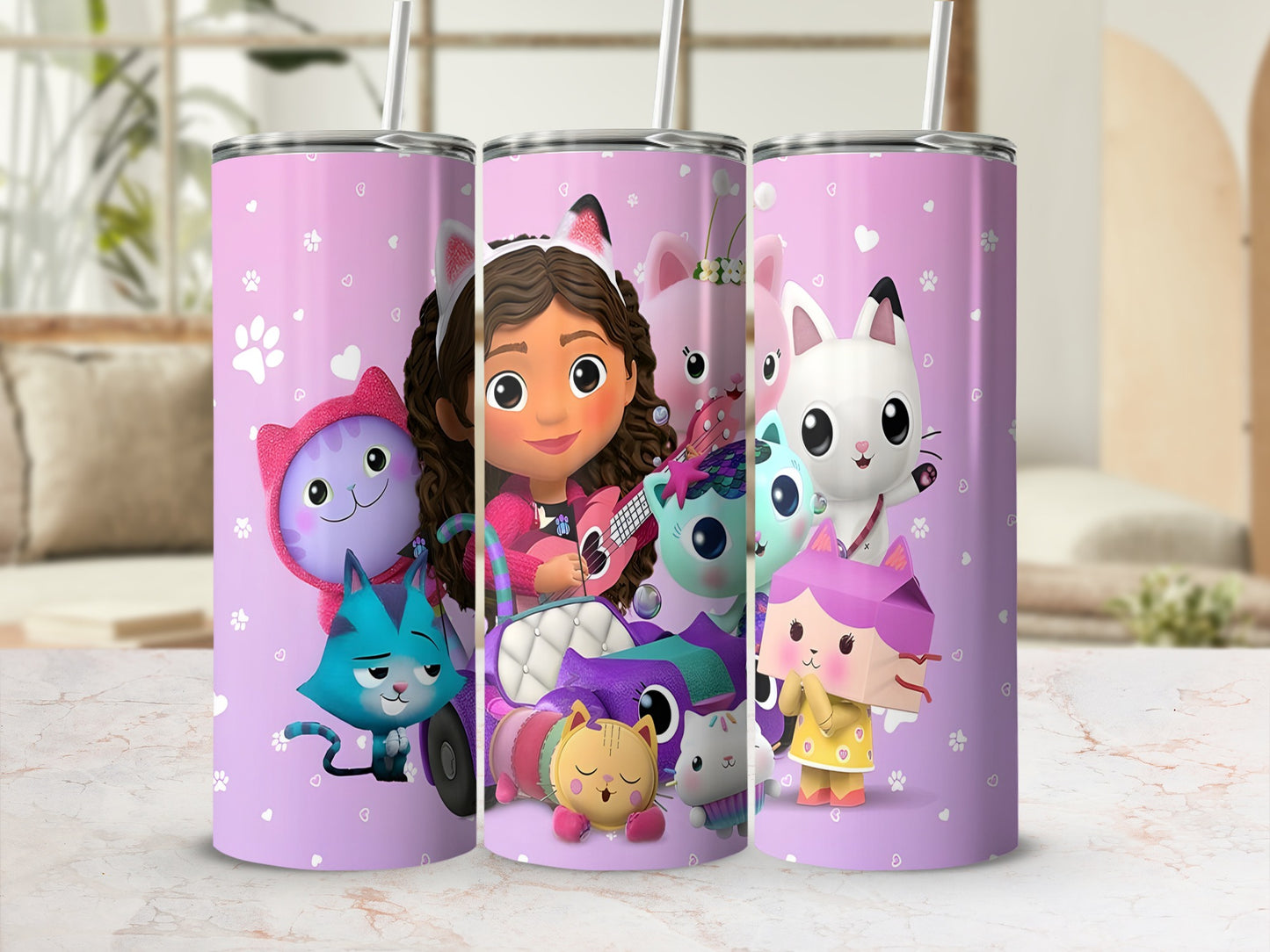Three character tumblers featuring cartoon cats and a girl on a light purple background.