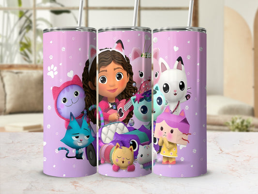 Three character tumblers featuring cartoon cats and a girl on a light purple background.
