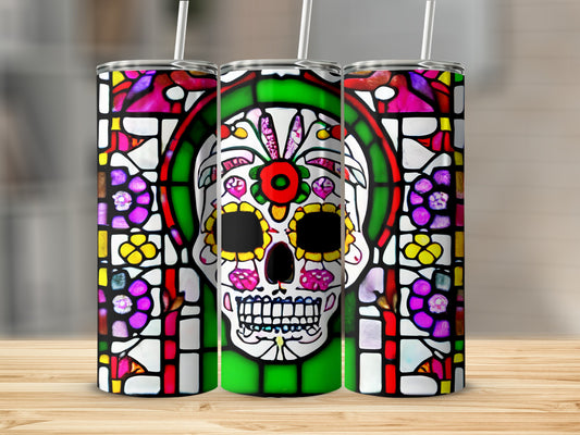 Sugar skull design on a skinny tumbler with stained glass accents.