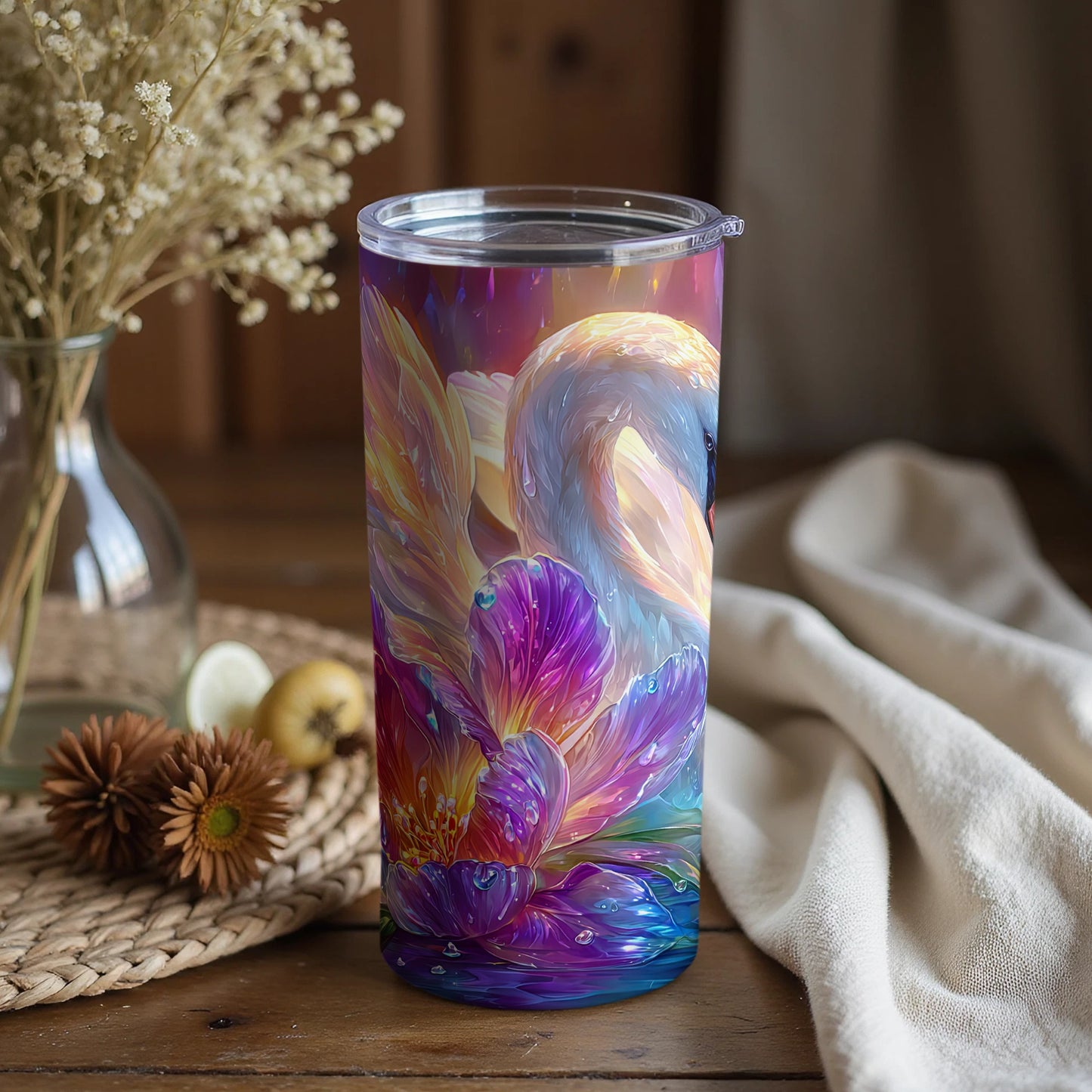 Colorful Floral and Swan Design Tumbler Cup