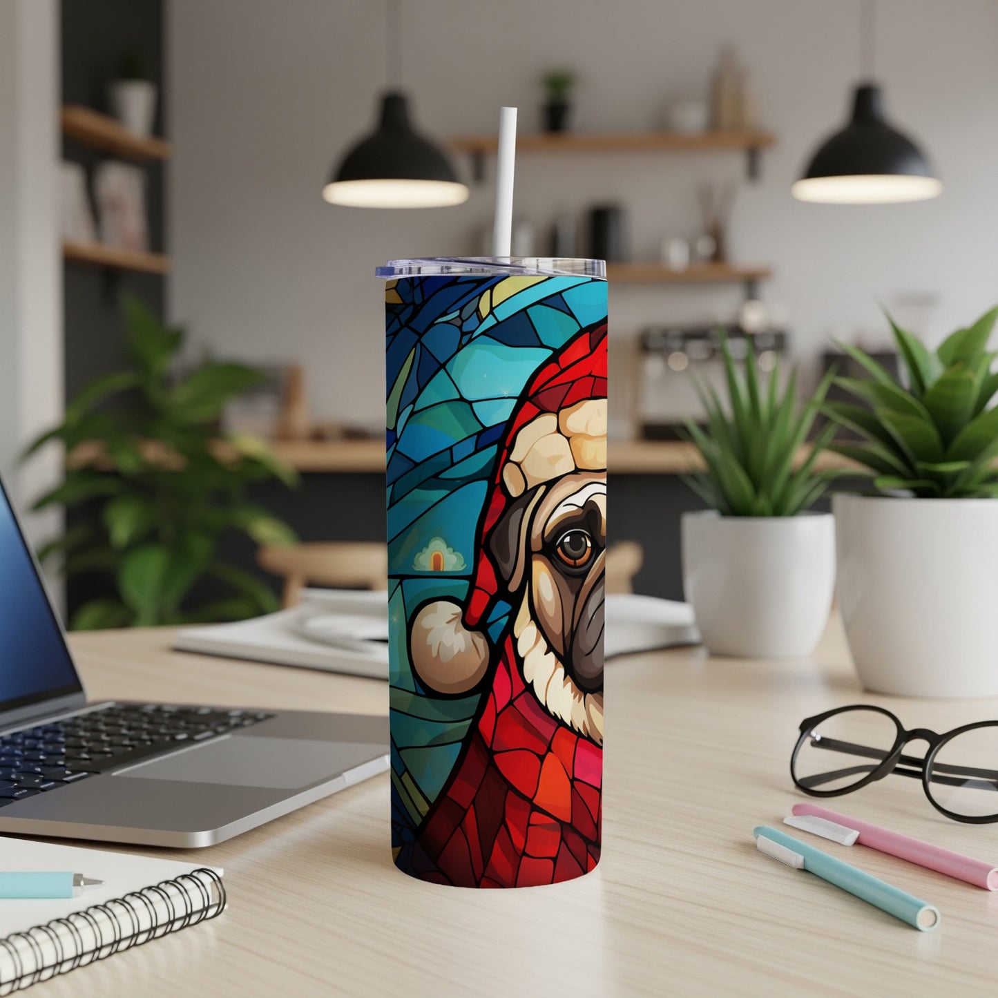 Pug wearing Santa hat on stained glass inspired tumbler.